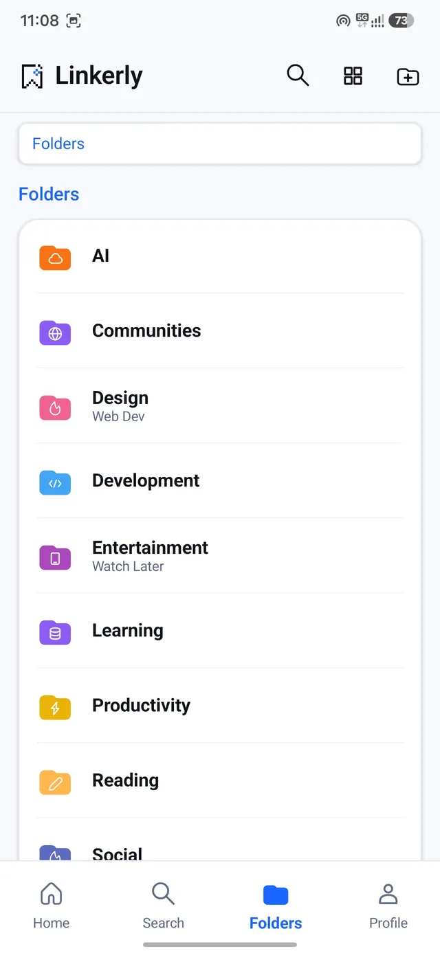 Linkerly folders screen