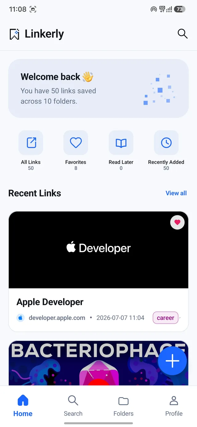 Linkerly home screen with recent links, favorites and read-later