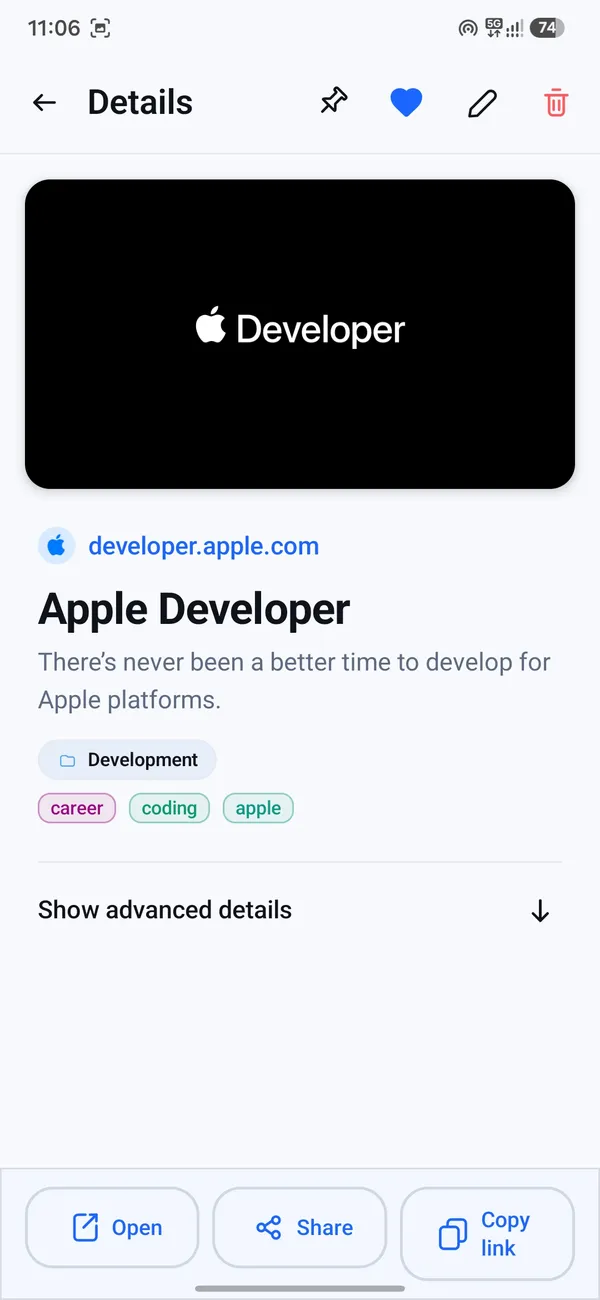 Link details with preview, tags and notes
