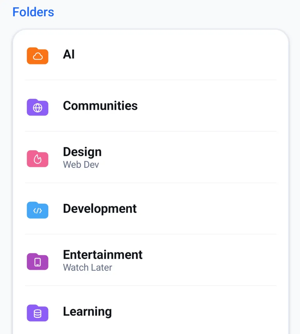 Linkerly folder cards with colors and icons