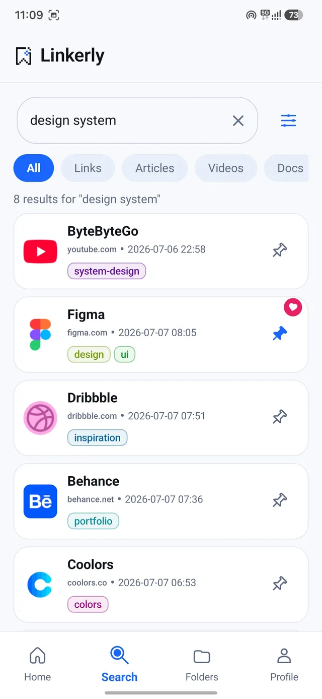 Linkerly search screen with filters